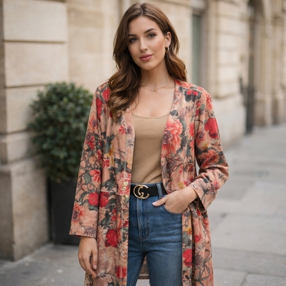 Solitaire Jackets & Blazers - Solitaire Anthropologie Floral Faux Suede Open Front Jacket Size L